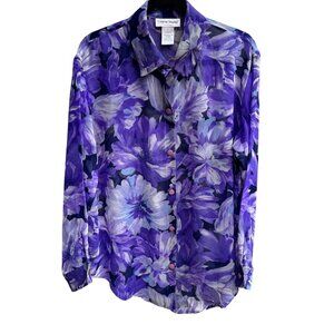 Graver Studio Womens Purple Floral Button-Up Semi Sheer Long Sleeve Boho Blouse